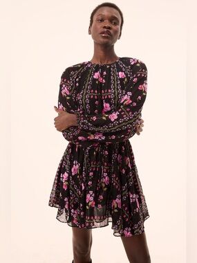 MISA Black Floral Long-Sleeve Mini Dress - Pink, Lavender & Green Floral Print